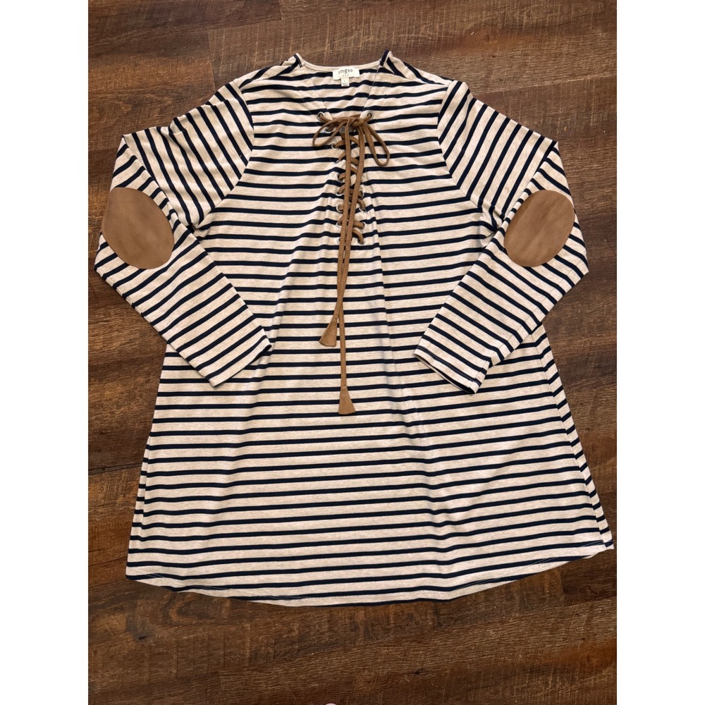 Umgee Striped Lace Up Dress Large Faux Suede Elbow Patch Long Sleeve Boho